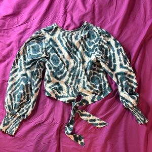 SCOTCH & SODA Smocked Long Sleeve Crop Top Blouse Teal Tie Front Size 36 M